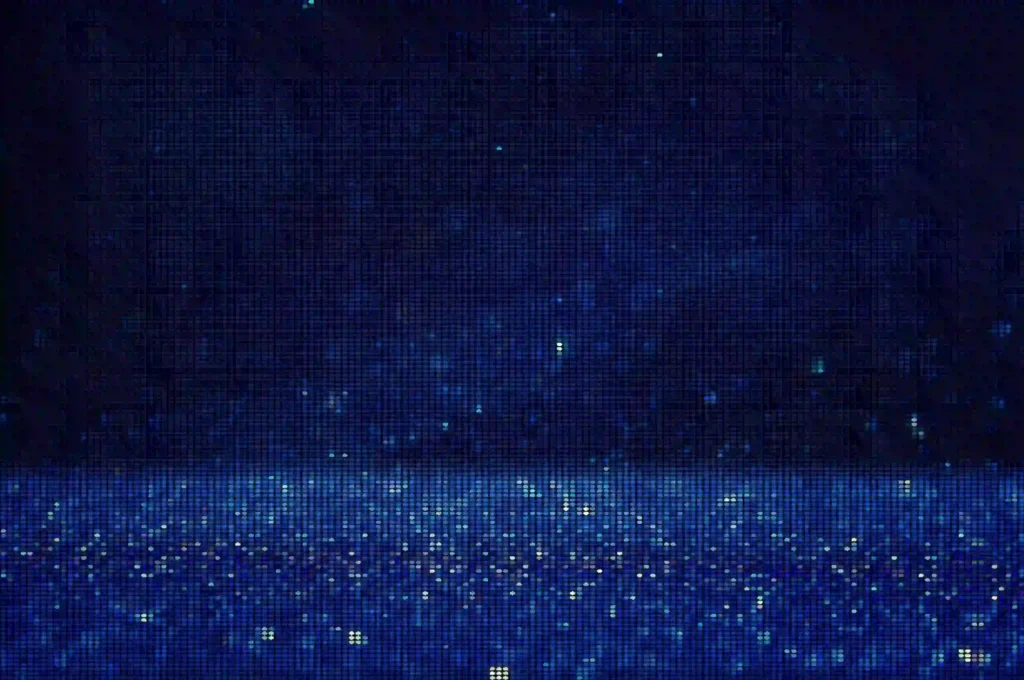 Abstract digital background with glowing blue pixels forming a futuristic matrix pattern.