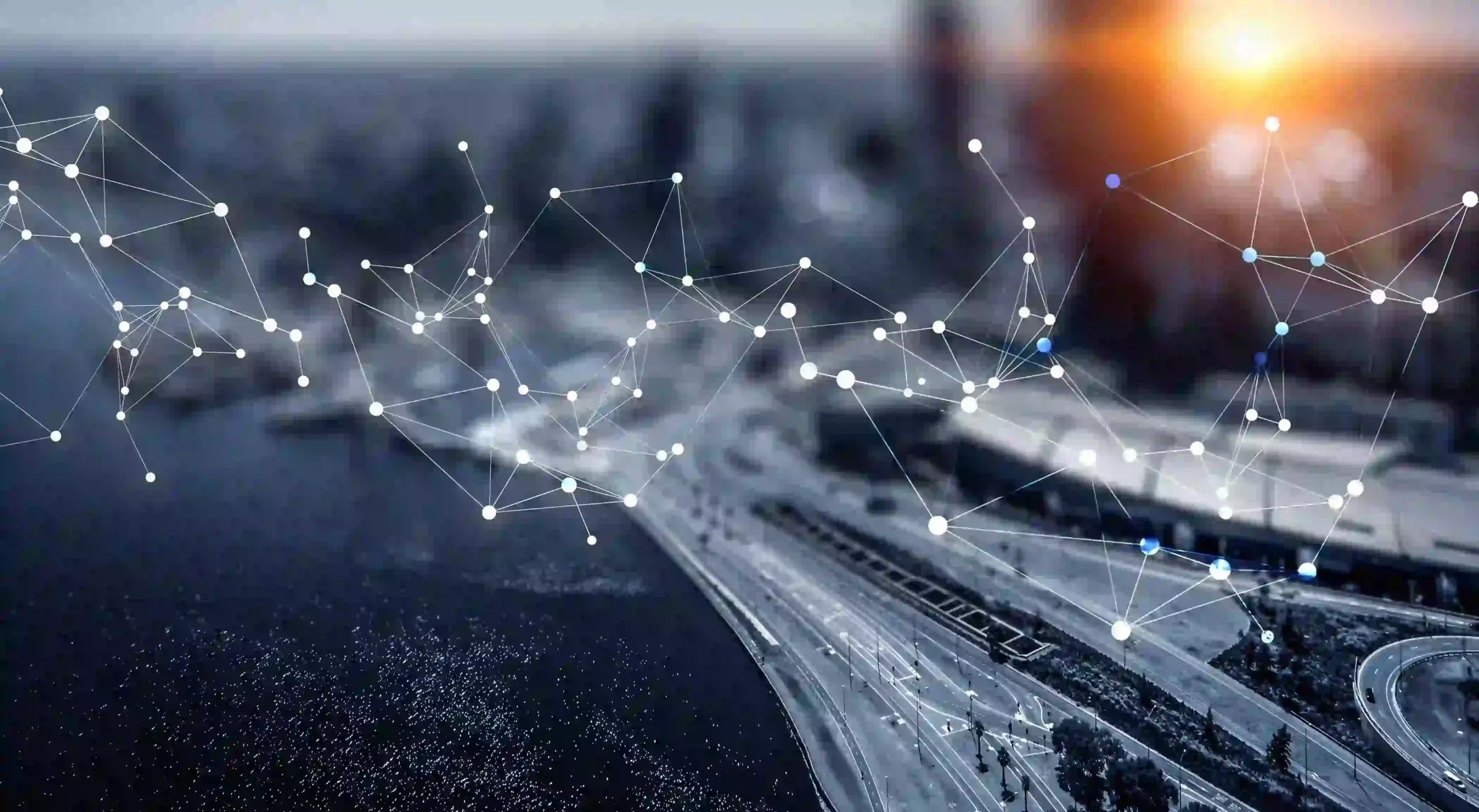 City highway with digital network connections representing 5G and edge computing.