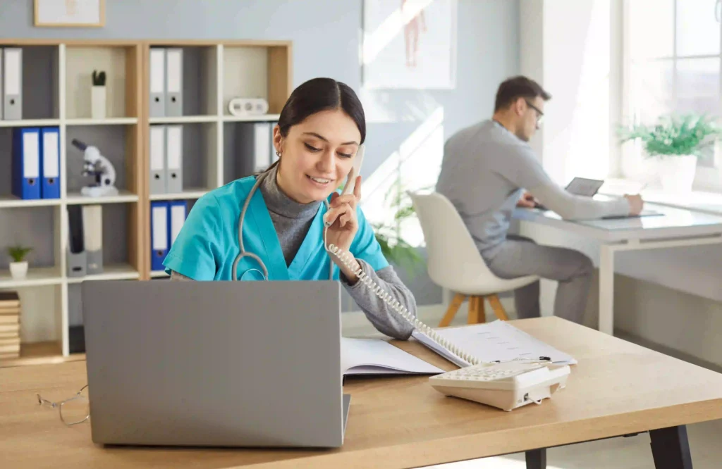 Doctor’s office workflow with medical staff using telemedicine tools.