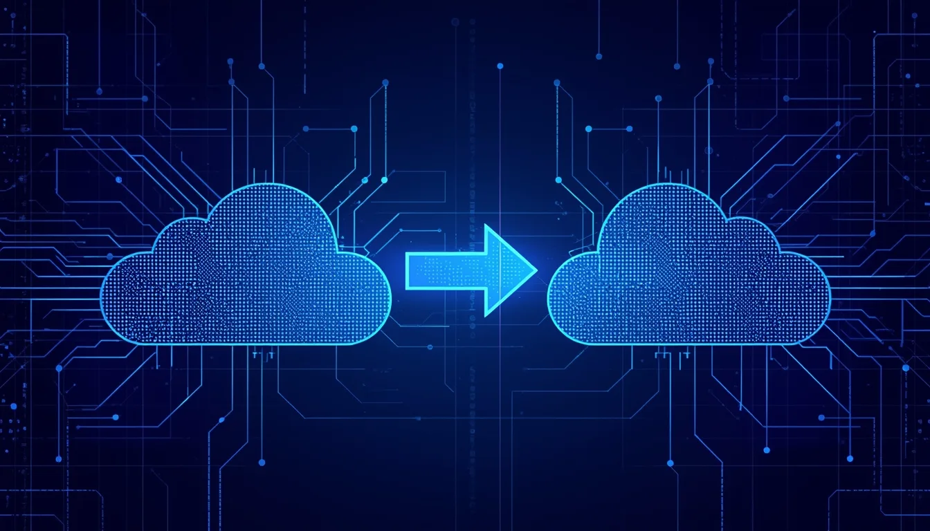 Cloud migration diagram showing data transfer from one cloud system to another via arrow on digital circuit background.