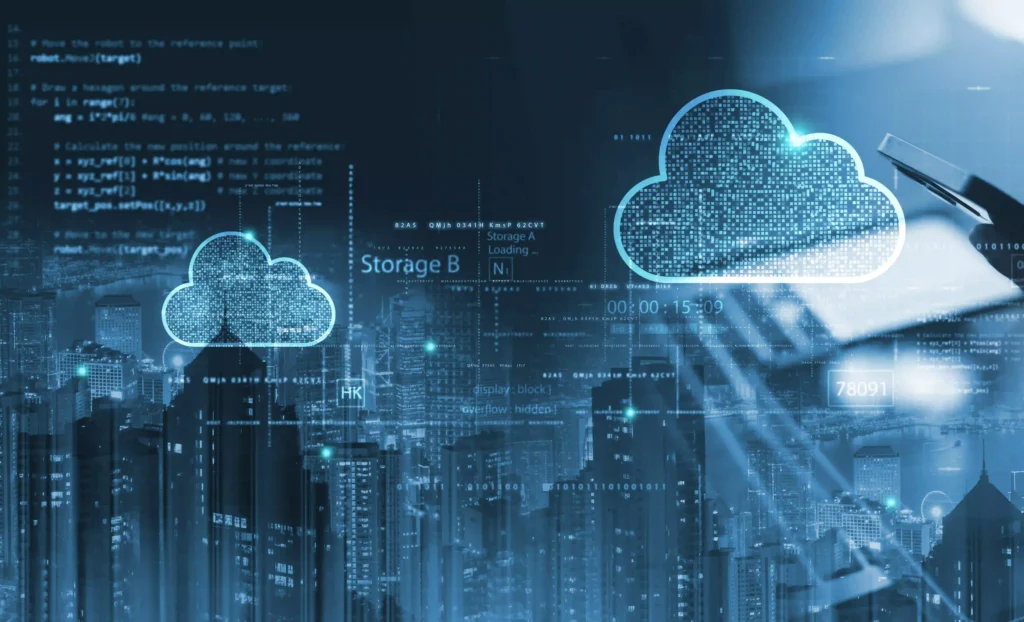 Cloud storage infrastructure with digital data transfer over city skyline.