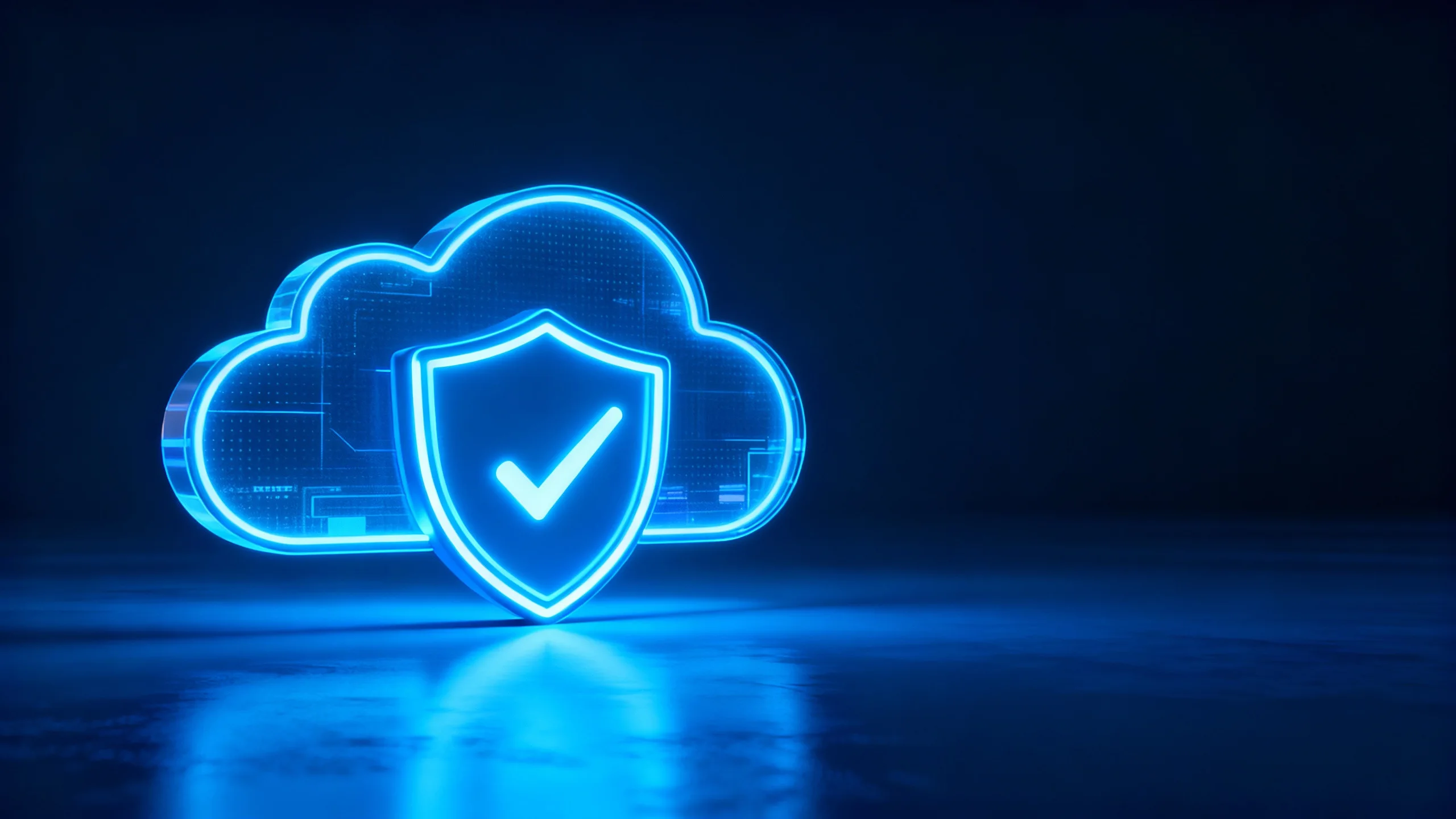 Neon blue cloud with a shield and checkmark symbolizing cloud security and cloud compliance.