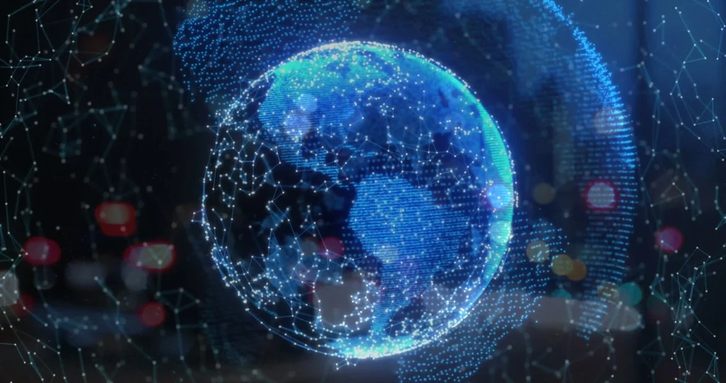 Global digital earth with connected data points representing worldwide cloud migration and interconnected infrastructure.