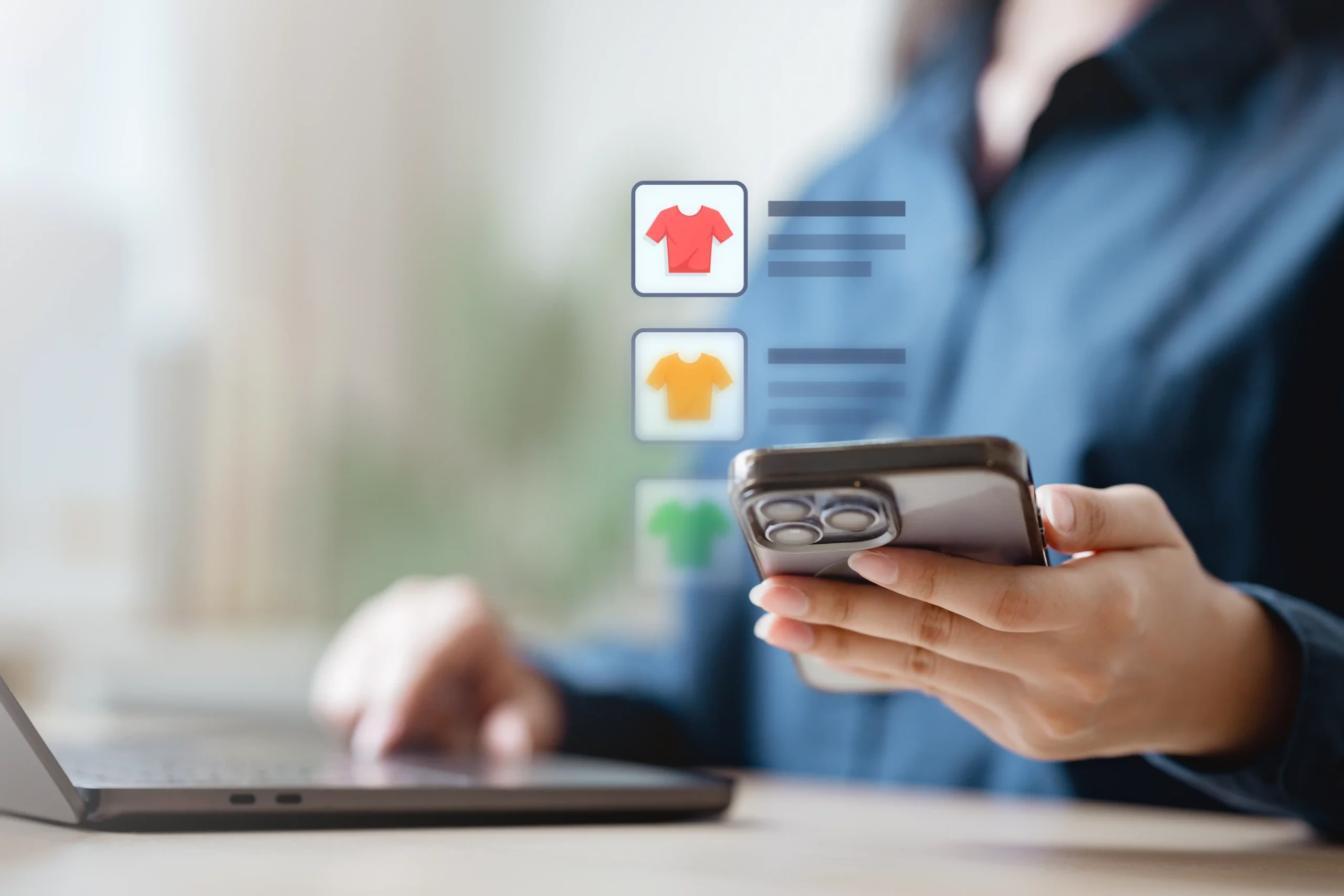 Person shopping online on smartphone with product icons displaying clothing items.