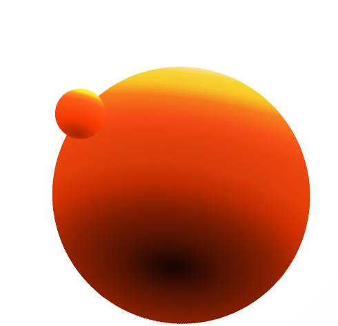 A 3D digital illustration of a large orange sphere with a yellow highlight and a small attached sphere, shown against a transparent checkerboard background.