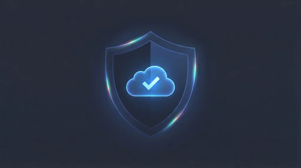 Cloud security shield with holographic blue checkmark