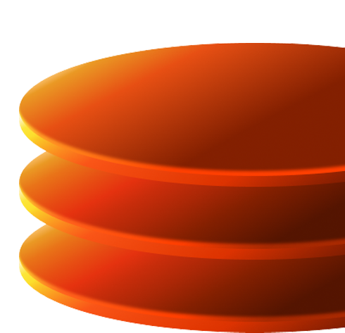 A 3D digital illustration of three stacked, glossy orange discs with a subtle gold edge, shown against a transparent checkerboard background.
