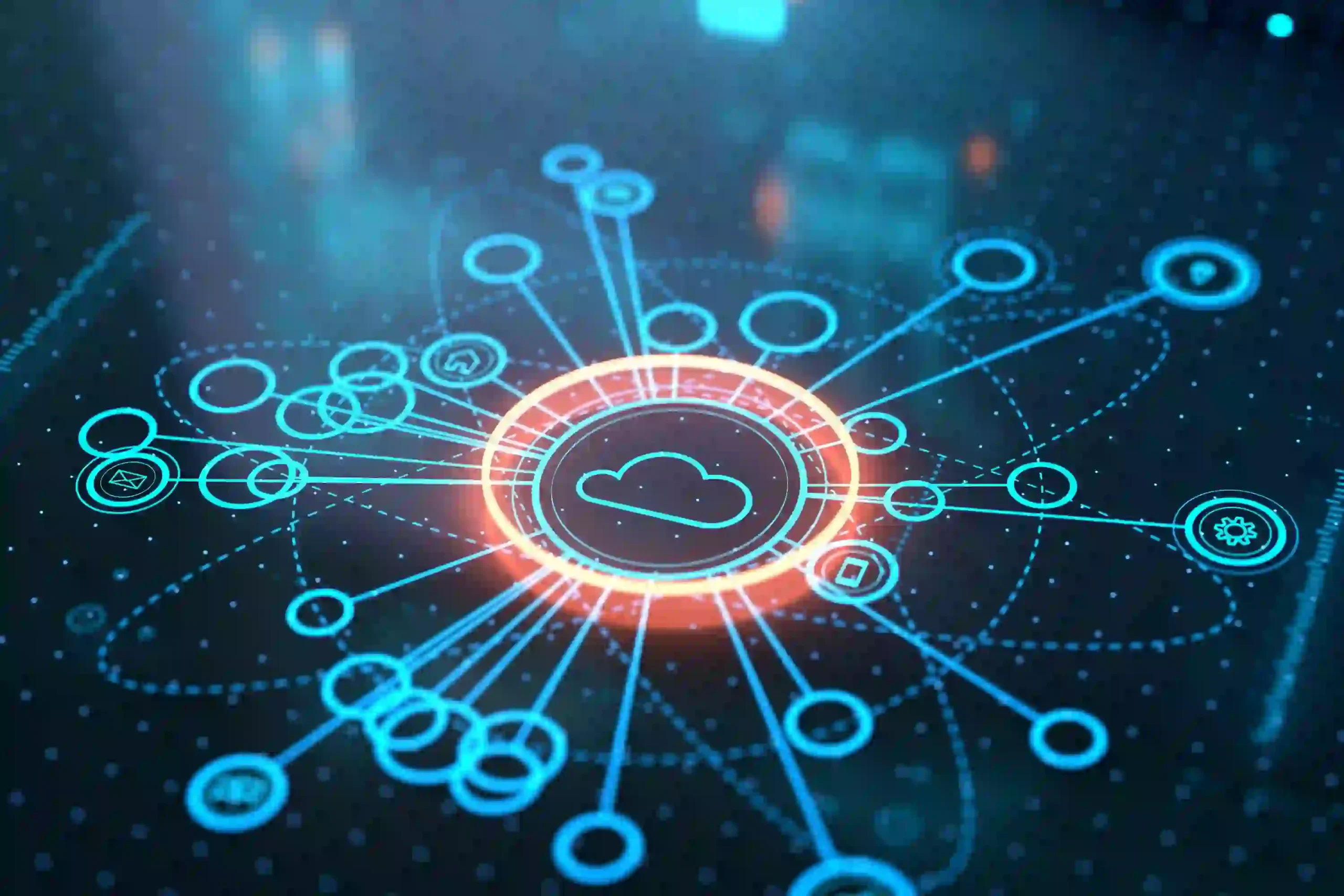 A futuristic digital illustration of a cloud computing network with a glowing central cloud icon and a web of interconnected blue lines and nodes on a dark background.