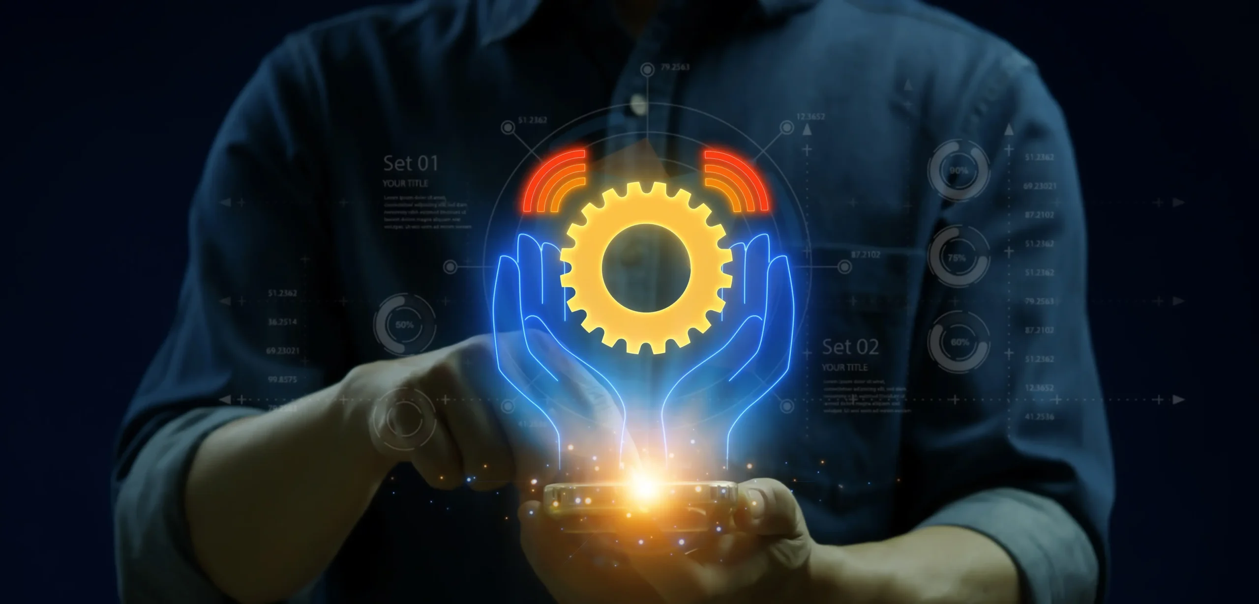 A person holding a smartphone with a glowing neon interface featuring a gear icon, symbolizing AI-driven automation and control.