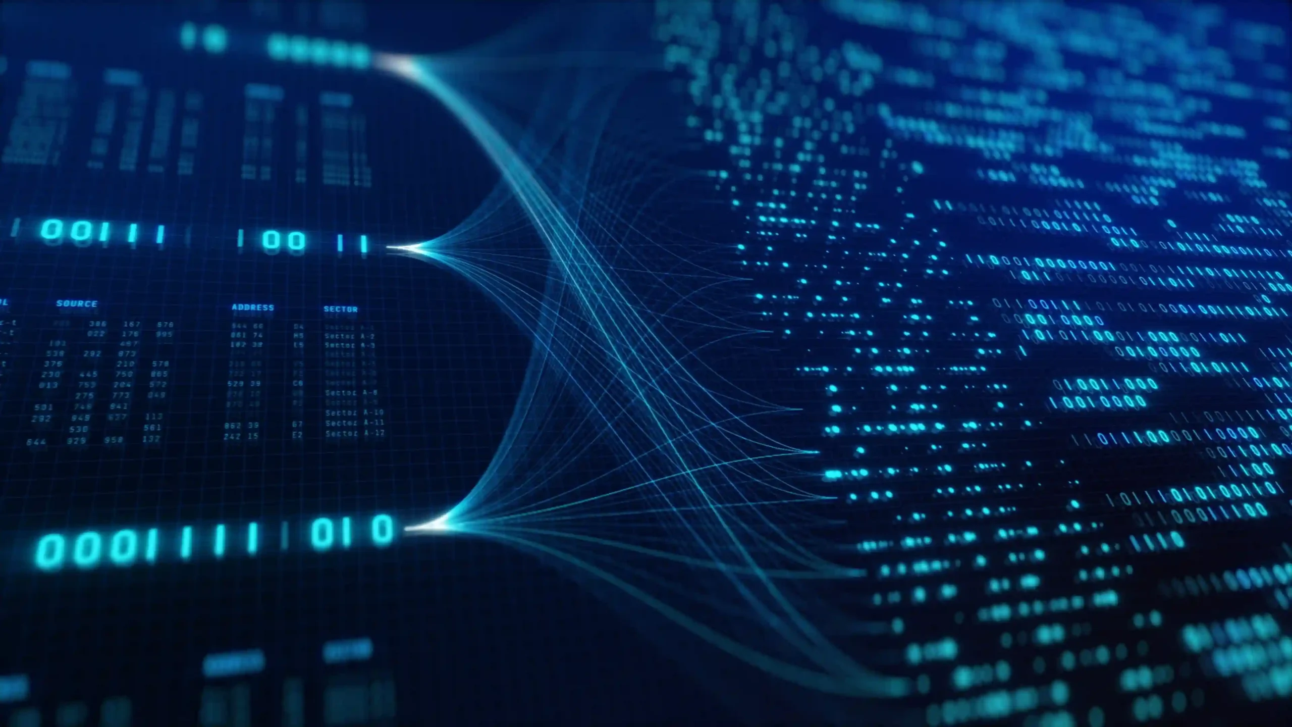 Futuristic digital data flow with blue binary code and data streams on a dark grid background.
