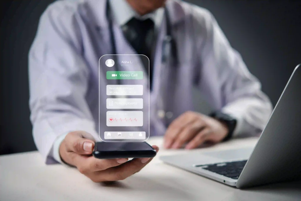Healthcare professional using telemedicine mobile app interface.
