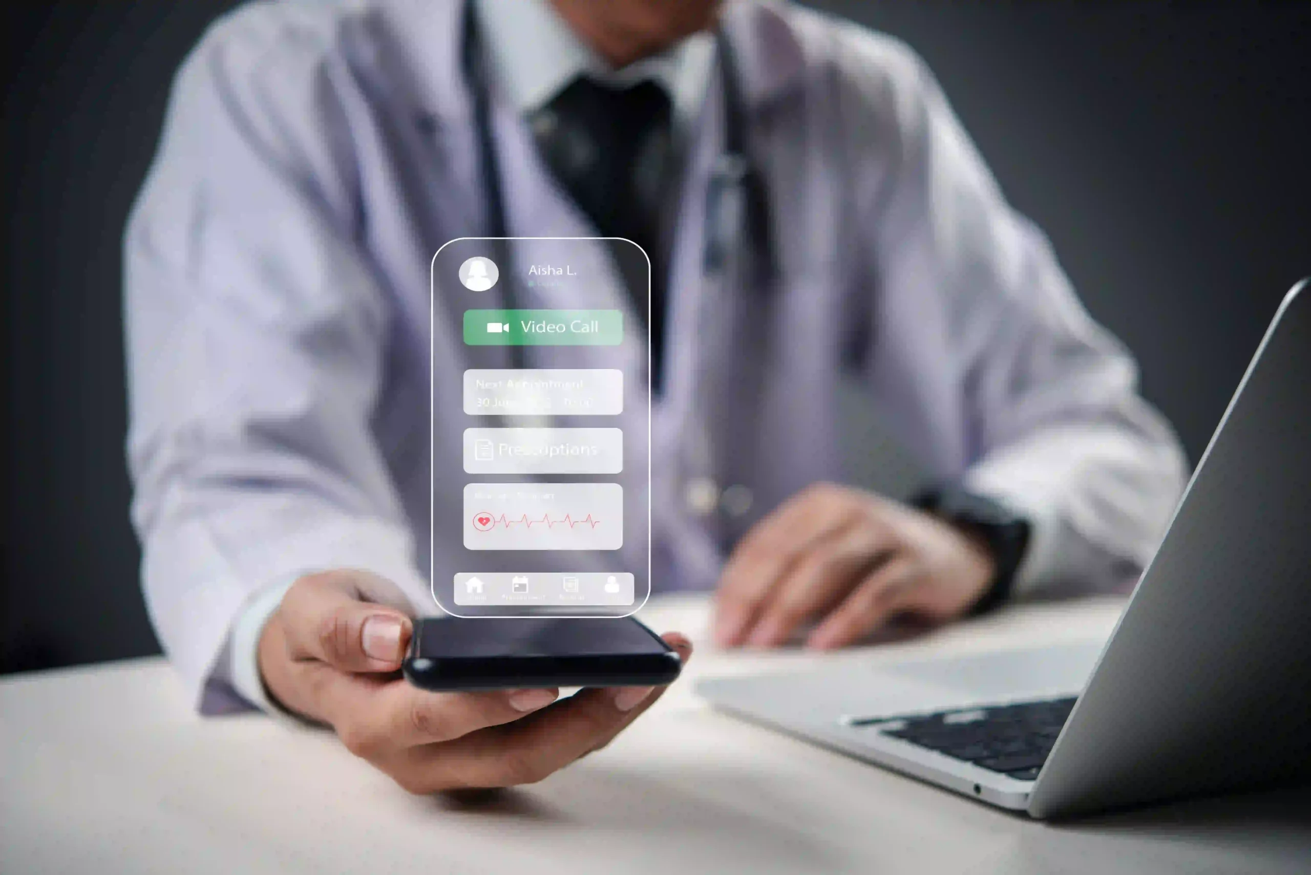 Healthcare professional using telemedicine mobile app interface.