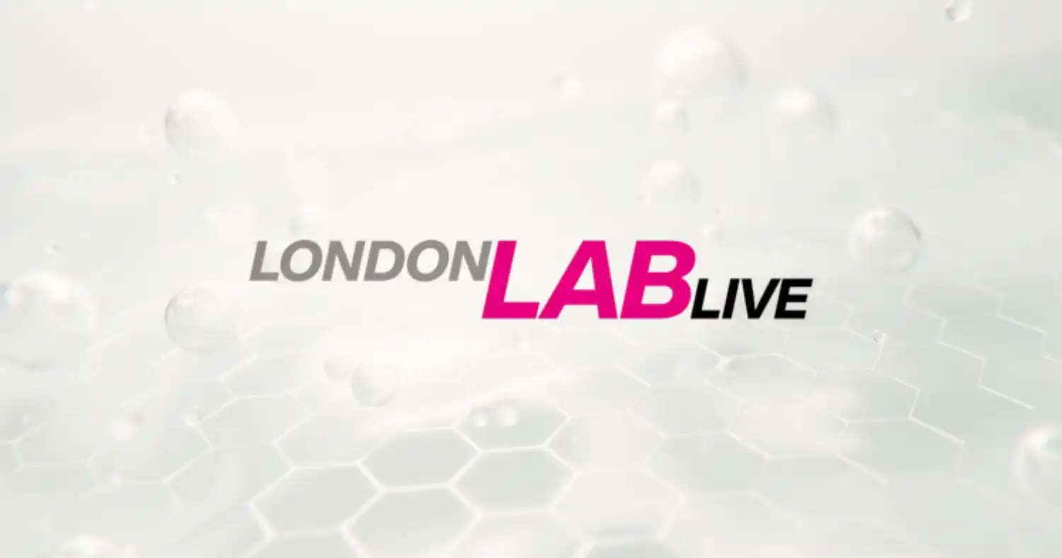 London Lab Live logo on a white scientific background with hexagonal patterns and floating bubbles.