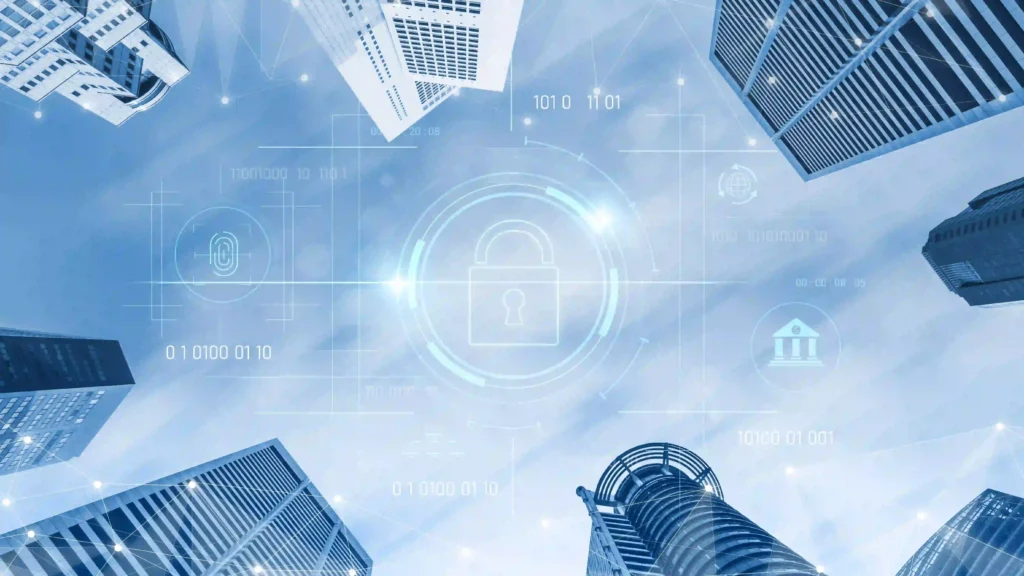 Modern skyscrapers with digital cybersecurity icons overlay, including padlock, fingerprint, and network connections.