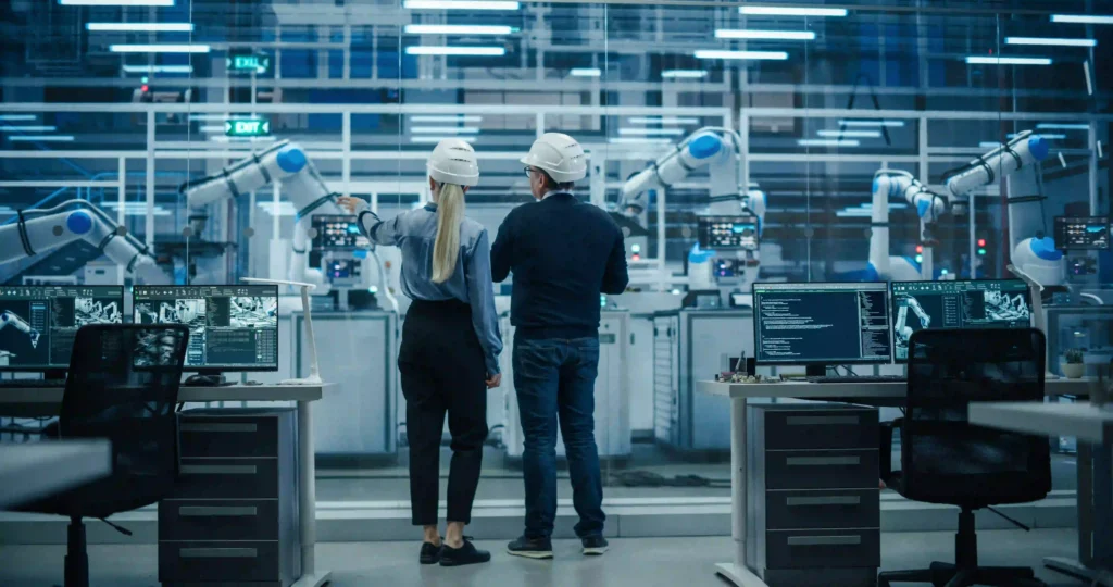 Two engineers in hard hats oversee robotic arms in a high‑tech factory from a control room with multiple monitors.